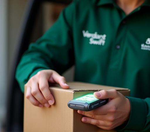 A dedicated Verdant Swift team member scanning a package with a digital device, ensuring precise tracking