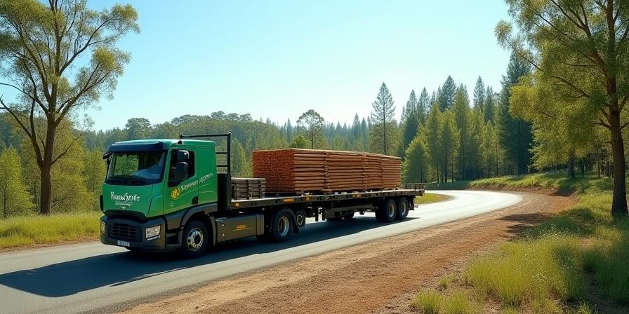An electric flatbed truck diligently transporting ethically sourced timber products through a rural landscape