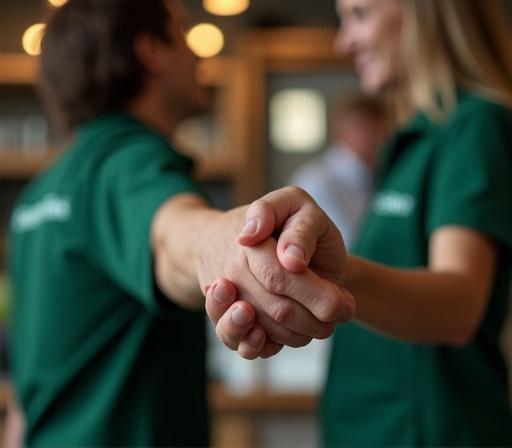 Small business owner shaking hands with a Verdant Swift delivery professional